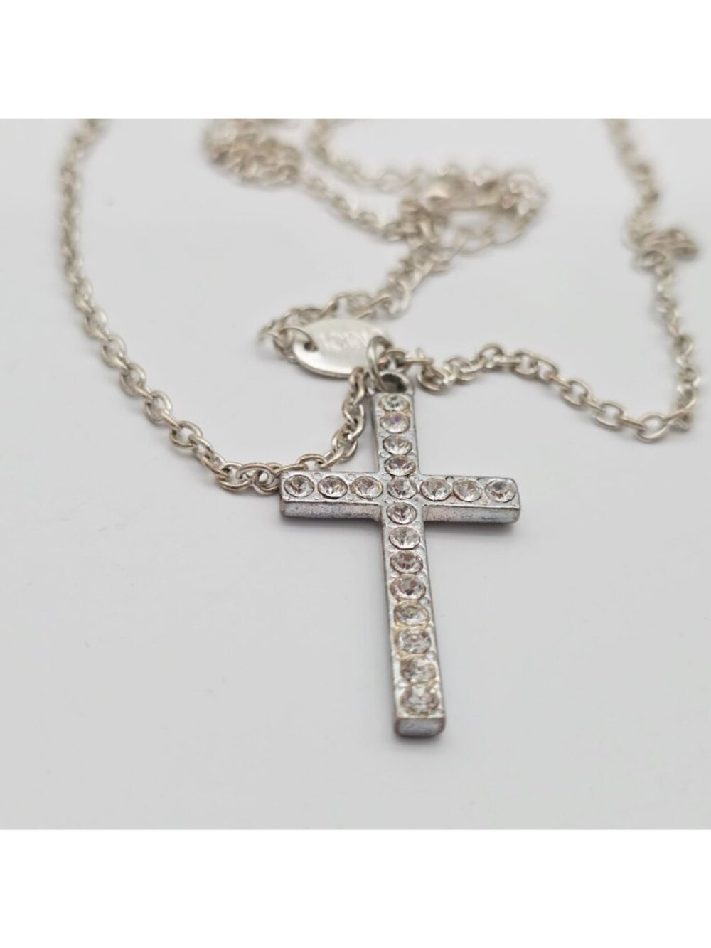 Silver Rhinestone Cross Pendant Necklace By Icing - Picture 7 of 7